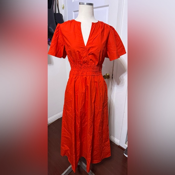 NWT! Women's Flutter Short Sleeve Poplin Midi A-Line Dress Red XS - Picture 5 of 9